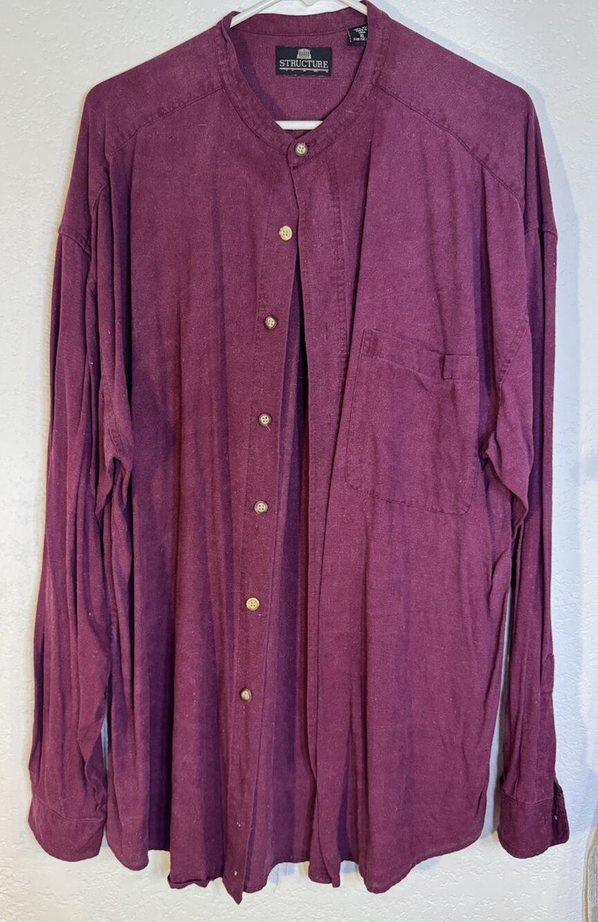 VTG Structure Long Sleeve 100% Silk Casual Button Up Shirt Maroon Men's Size XL